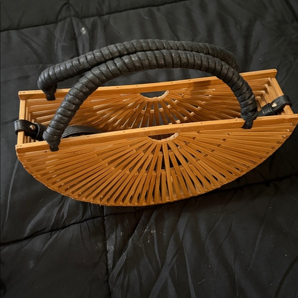 Bamboo Semi-Circle Handbag with Black Wrapped Handle - Picture 2 of 4